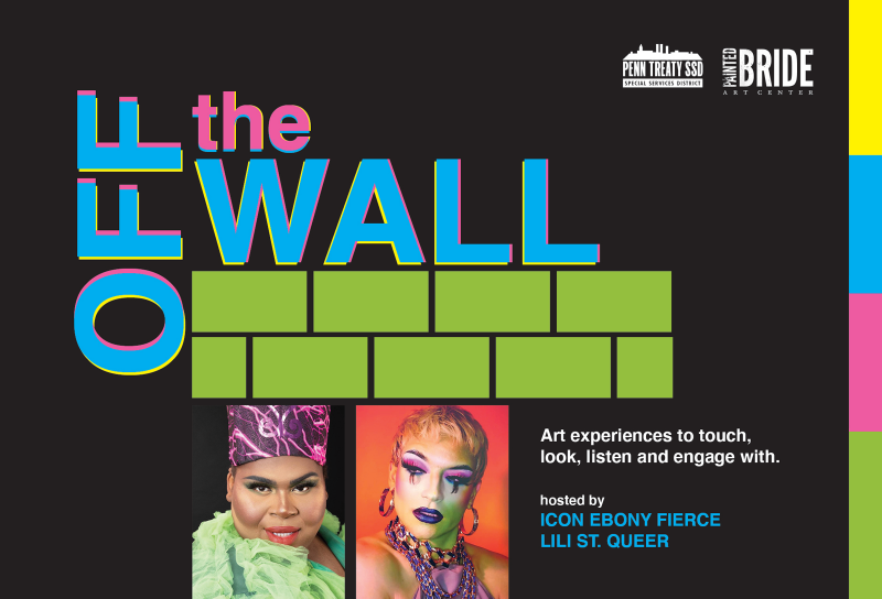 Digital artwork of blue words with colorful underlapping accent colors on a black background that say "Off the Wall," stacked on green graphic bricks, above photos of hosts Icon Ebony Fierce and Lili St. Queer dressed in drag.