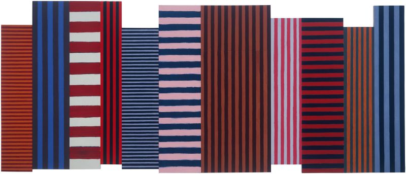 Abstract painting on 9 panels of various widths and heights, attached to create asymmetrical negative space, painted with horizontal and vertical stripes of various thicknesses and colors.