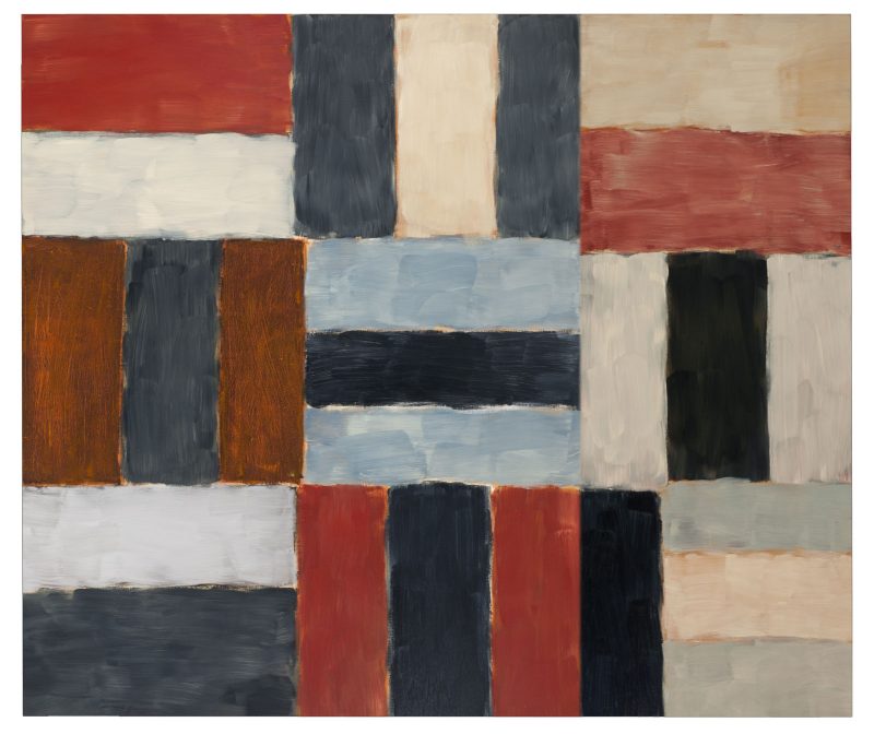 Abstract painting of a grid of 9 sets of different stripes, alternating in patterns of two horizontal and three vertical or various colors, except the bottom right where the grid is a picture of 1 vertical and 3 horizontal.