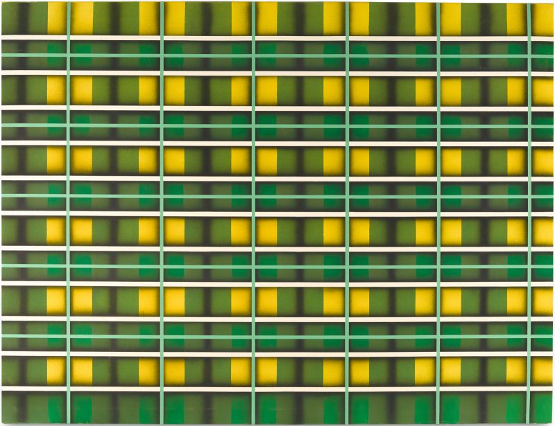 Abstract painting of a repeated pattern of vertical green, black, and yellow stripes; overlaid with horizontal stripes of white and green, causing the appearance of a light green and white grid over the entire painting.