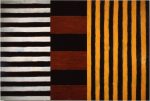 Abstract painting of three sets of stripes of different colors; left: horizontal black and white stripes; center: horizontal but much thicker black and red stripes; right: vertical back and yellow stripes about the same thickness as the stripes on the left.