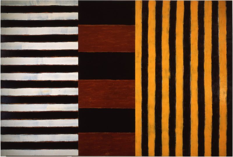 Abstract painting of three sets of stripes of different colors; left: horizontal black and white stripes; center: horizontal but much thicker black and red stripes; right: vertical back and yellow stripes about the same thickness as the stripes on the left.