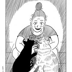 1 panel comic from the series "The 3:00 Book," in which the main recurring character (a female-bodied person with their hair typically tied up in a pony tail or a bun), who looks extremely tired, but is beaming with joy, is squatted down and hunched over, holding their phone between their knees, and taking a picture of their two cats, who have their tongues extended and wrapped together in a kiss.