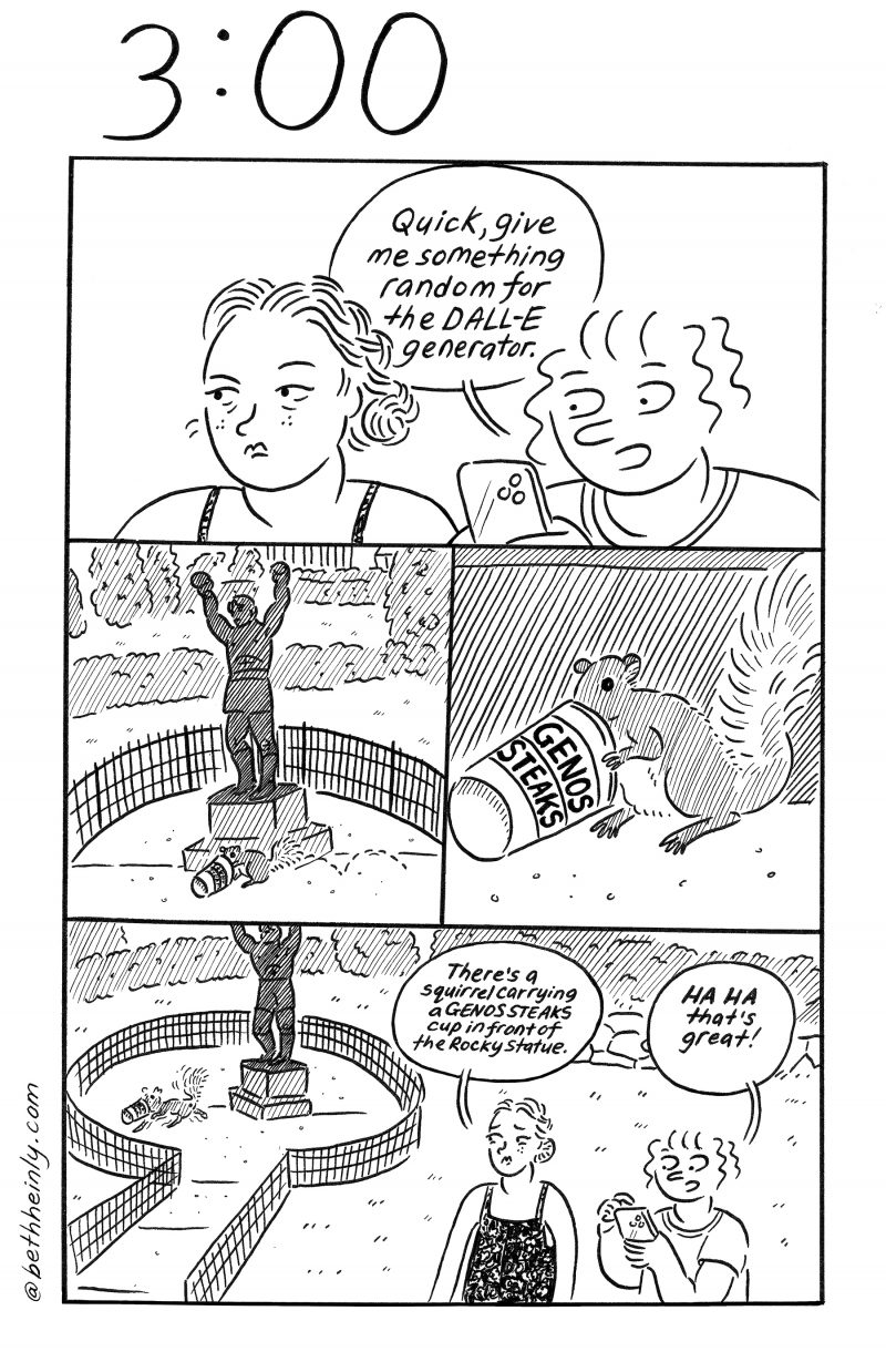 Black and white comic, titled 3:00, meaning three o’clock, shows two women outside talking about the Dall-E phenomenon, an artificial intelligence program that turns text into images.