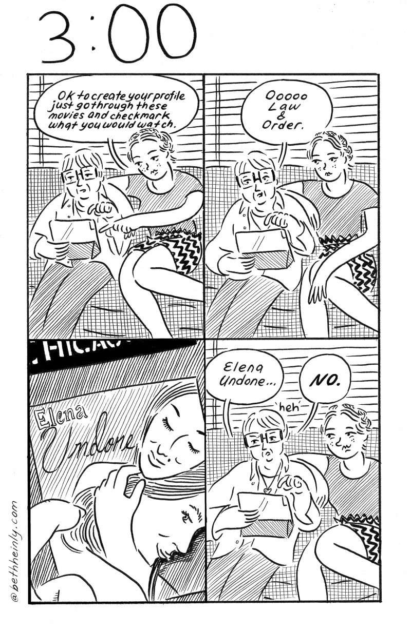A 4-panel, black and white comic, titled “3:00,” features two women, a mother and daughter, talking on a couch, with the daughter assisting her mother in creating a profile on an internet platform.