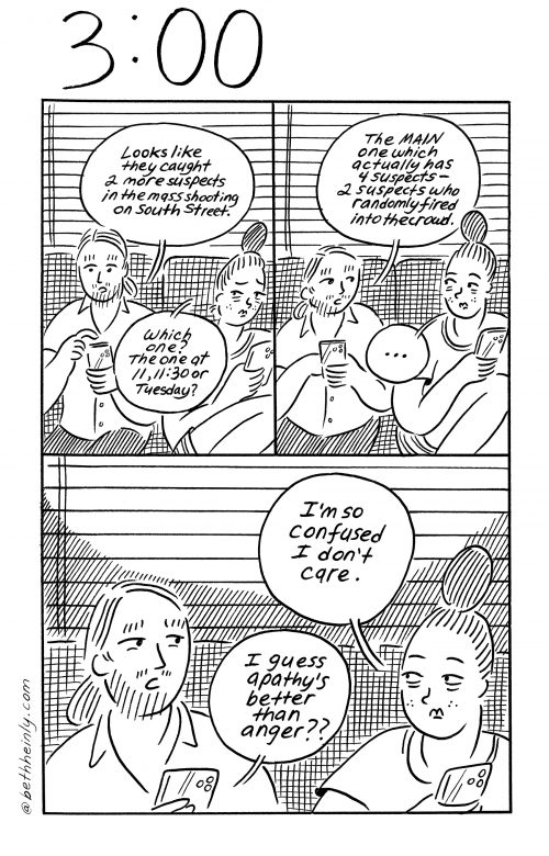A three-panel, black and white comic featuring a man and a woman sitting on a couch, both looking at their phones and talking about recent mass shootings.