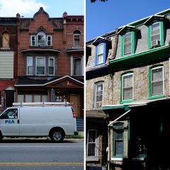 Collage of two photos- Left:Pictured from across the street, the front exterior view of a townhouse and the surrounding row houses. The home in the center has a blue historical marker sign, and the paint is peeling off of the second floor bay windows, which are boarded up with wood. The houses to the left and right of the historical home also have boarded up windows and are in poor condition. Right: Three quarters view of a stone house with green trim and a concrete porch with black iron railings, pictured from the front, with the porch shaded by a bright sunlight.