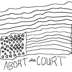 1 panel comic from the series "Grand Ballroom of Doom," featuring a sketchy, wiggly-lined rendering of the American flag, upside down, with wiggly words written underneath that say "ABORT THE COURT."