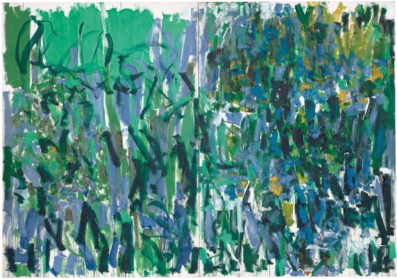Abstract painting of layered brush marks of various sizes, primarily green and blue with a little yellow near the righthand size; the brush strokes are larger and the layers are thinner on the left, and become smaller and more layered on the right.