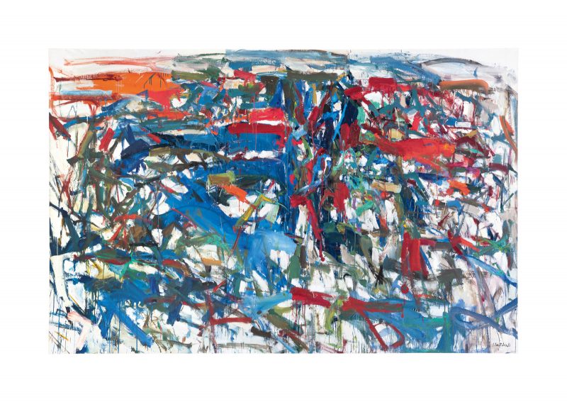 Abstract painting of various thick, confident, red and blue brush strokes, with thinner, and more energetic/ quick brush strokes in more muted greens, reds, and blues throughout, on a white background.
