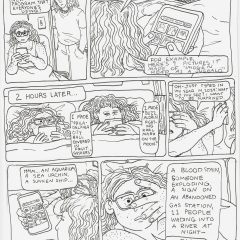 6 panel comic from the series "Socialist Grocery," in which Sebastian discovers a new AI app that generates photos based on any combination of words, and he and Maggie get sucked in for hours, searching more and more obscure and zany things.