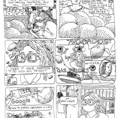 6 panel comic from the series Socialist Grocery, in which Sebastian is approached at work by a man asking if the prices of avocados being high is in any way related to the high gas prices; to which Sebastian spirals and thinks about googling "how to explain capitalism in 1 min," but instead just says "um... yeah, kindof."