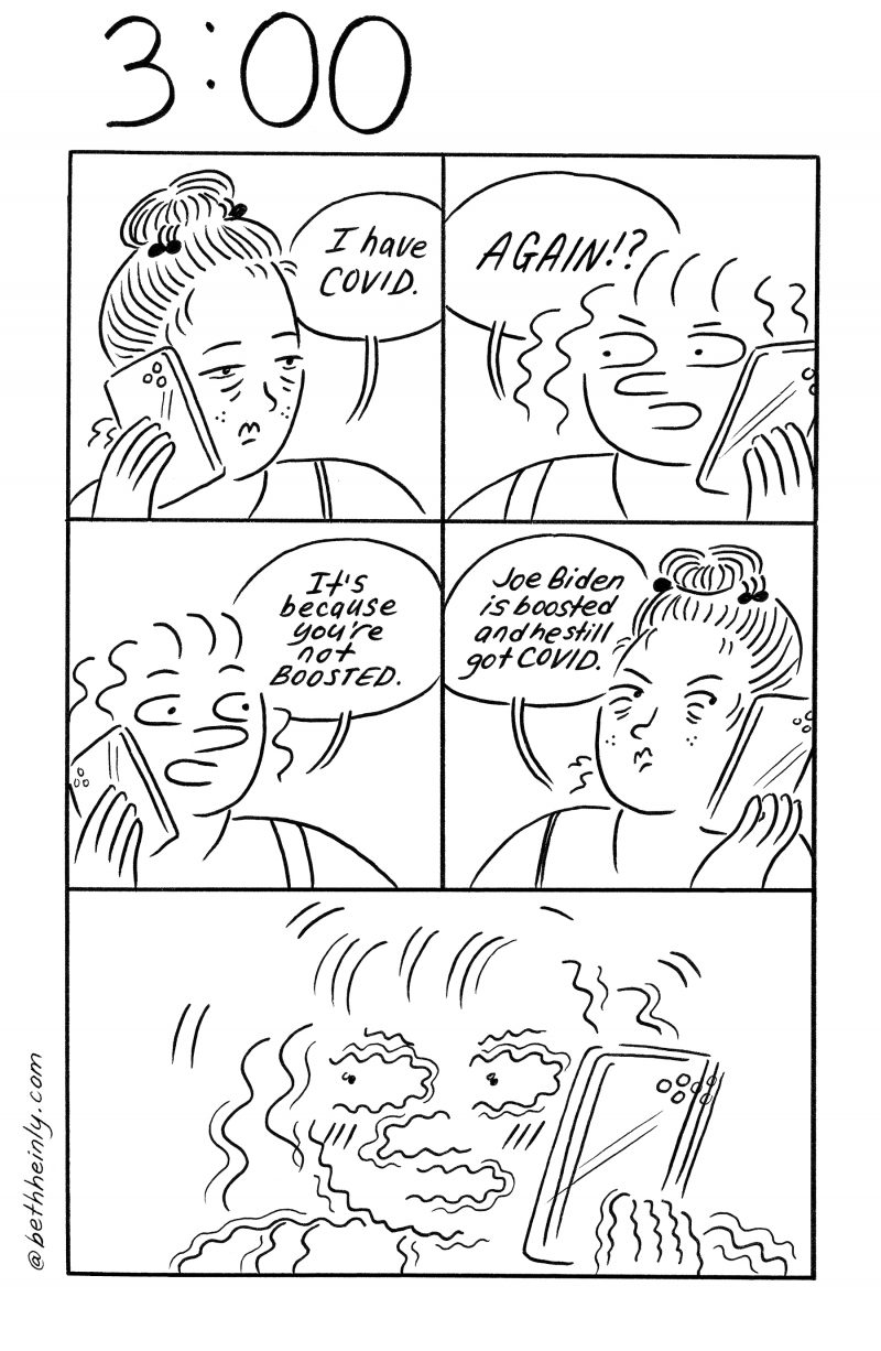 A black and white comic, titled 3:00 at the top, meaning three o’clock, has 5 panels and shows a phone conversation between two women, one of whom has Covid for the second time.