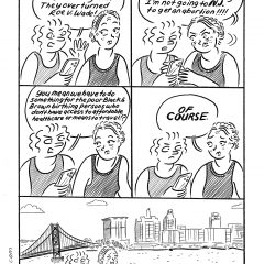 A black and white comic in five panels with the title at the top, “3:00,” meaning three o’clock, shows two women talking about the Supreme Court case overturning a woman’s right to an abortion as laid out in “Roe v Wade.”