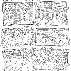Five panel comic from the series "Grand Ballroom of Doom," in which a white man with a shaved head and a white woman with bangs and shoulder-length curly hair have a conversation about an unexplained occurrence that happened prior to the comic's beginning. Beginning with "well there was clearly nothing we could have done," the two hold their palm of their hands upwards, shrugging their shoulders, reiterating how nothing could've been done. By the end, a third man says "let's do something!" to which the other two say "we'd love to but we've got all these hands!" The final panel shows the man and woman shrugging, surrounded by multiples of their exaggerated upturned palms.
