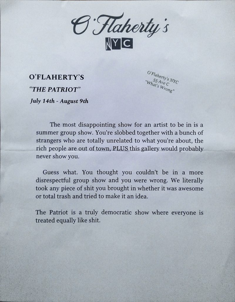 Press release for O'Flaherty's show "THE PATRIOT"