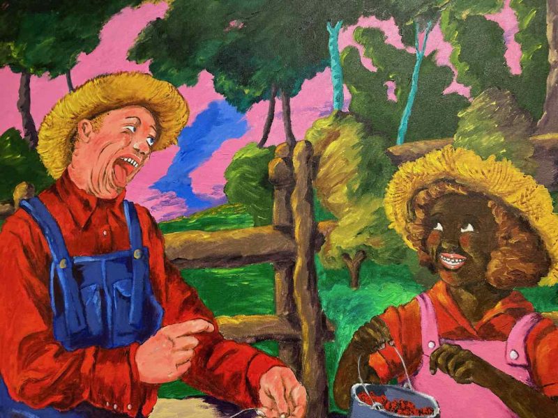 A white farmer in blue bib overalls and a red shirt and a Black girl, wearing a red shirt and pink bib overall shorts encounter each other on a paved garden path bordered by flowering daffodils. Both are smiling and looking at each other, although the man’s open-mouth expression is somewhat threatening. The girl seems to be offering the farmer some berries she has picked from the bucket she carries. The background is a violent clash of fiery hot pink clouds in a royal blue sky with dark spindly trees looming above.