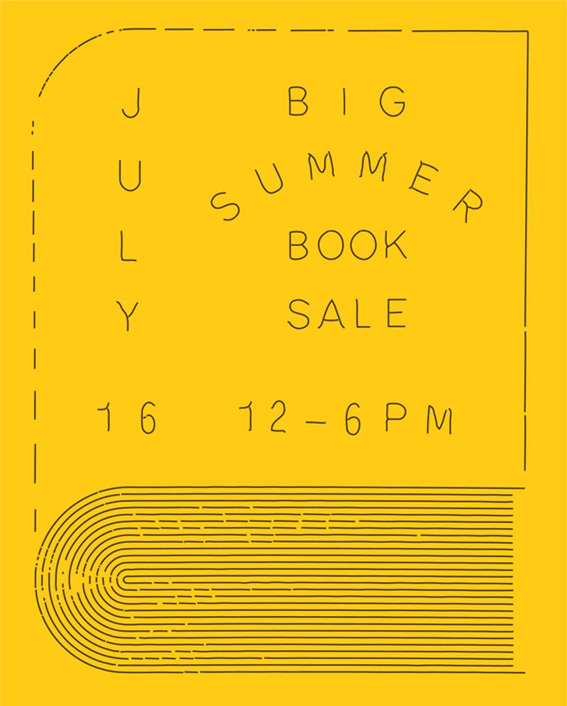 Yellow digital poster that says "July 16, 'BIG SUMER BOOK SALE', 12-6PM" in black text, with stylized line designs surrounding the text.
