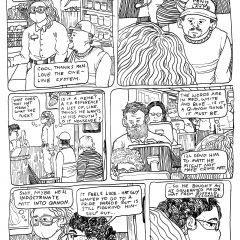 6 panel black and white comic from the series "Socialist Grocery," in which Sebastian is at work at the grocery store, helping direct traffic from the check out line to specific cashiers, when one customer's strange hat sends them spiraling.