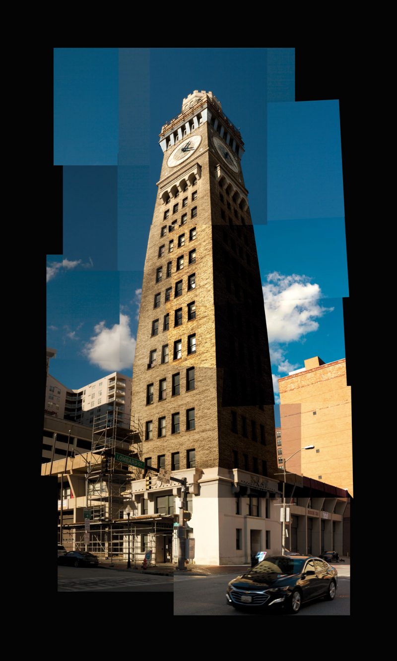 A photomontage of a clock tower, with forced perspective from the collage.