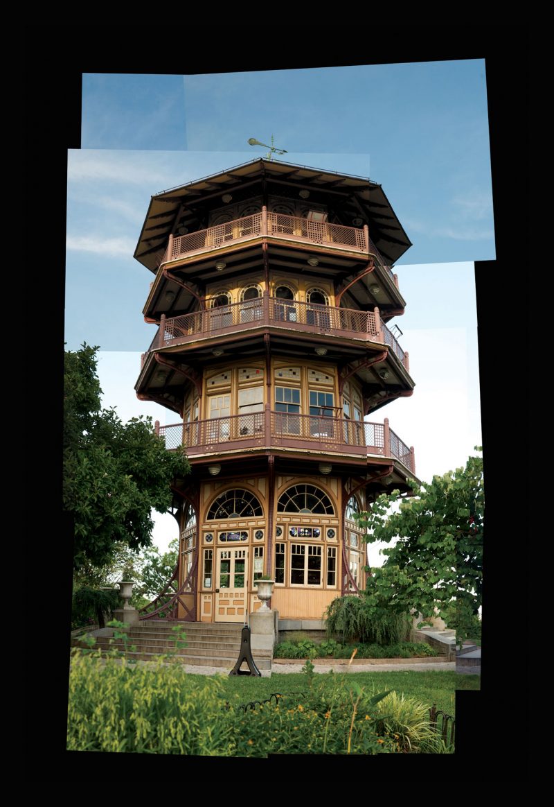 A photo of a pagoda, pieced together to maintain the perspective of the piece.