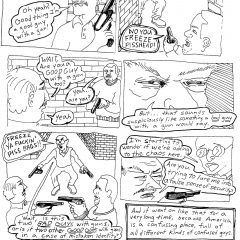 Six-panel black and white comic from the series "Grand Ballroom of Doom," in which three men in the same building respond to an active shooter crisis, each believing themselves to be "good guys with guns" helping the situation, trying to convince each other that they, too, are a "good guy with gun"; each suspects the other is actually a "bad guy with a gun."