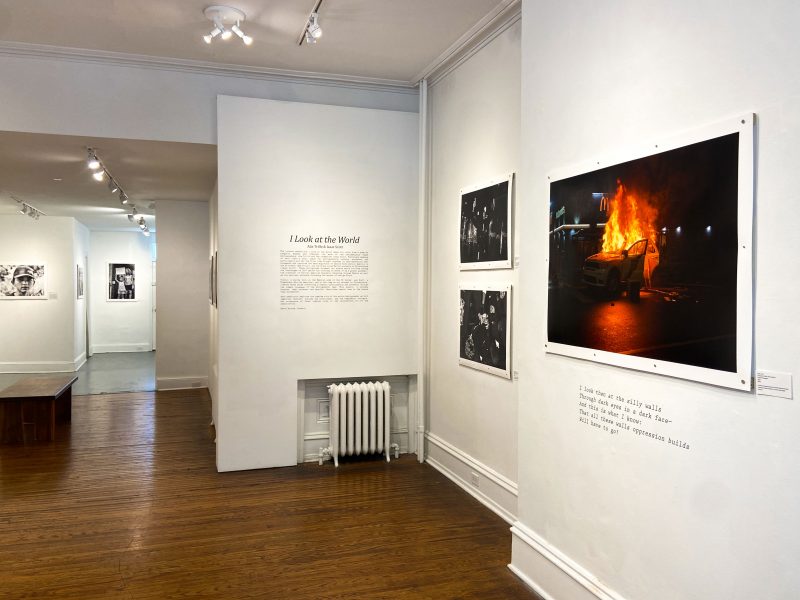 A picture of an exhibit in a photography gallery, the title on the wall reads "I watch the world".