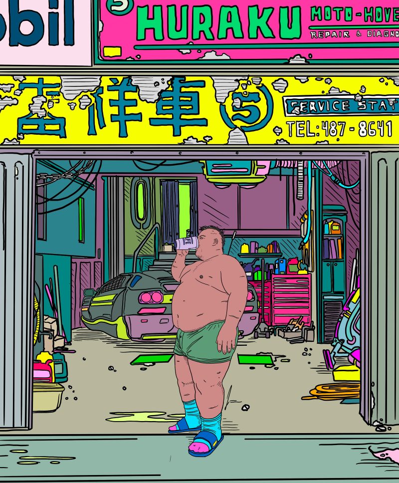 Illustration of a fat man with brown skin and short black mohawk hair, wearing green boxers, blue and pink socks, navy slides, and no shirts, standing towards the left of the frame and drinking out of a commuter cup, inside of a car/ hover car garage called "Huraku Moto-hover repair & diagnosis.)
