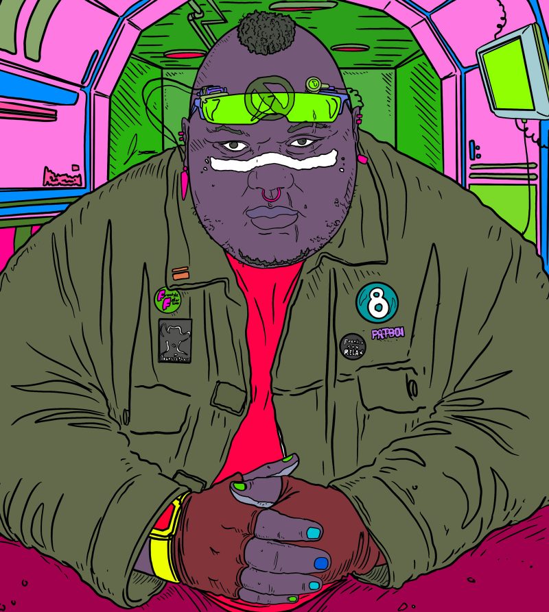 Comic book illustration of a fat Black cyberpunk hero with a black mo-hawk, green night vision goggles,a stripe of white makeup across his nose and cheeks, a pink nose ring, pink earrings, green jacket with an "8 ball" patch and other pins, a red shirt, and brown fingerless gloves; behind him is a futuristic vessel with a green glowing TV monitor on the wall, and pink walls.