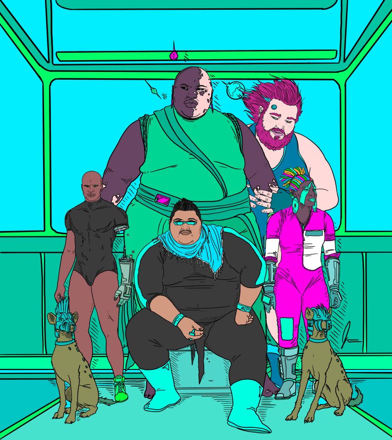 Comic book illustration of a group of dystopian characters posting together with the central figure being a fat Black person in a green fabric suit that wraps across their chest, around their belly, and drapes down; to their left is another fat white person with pink hair and a blue tank top that holds onto the central figure's arm; both of them are twice as tall as the rest of the group. Also central, but seated in front of the one in green, is a fat brown skinned person with short, faux hawk black hair, in a black body suit with blue stripes down the arms and blue boots; to their left is a Black woman with rainbow braids, blue triangular face paint, and a pink body suit on, in front of her is a dog with a iron mask fask. On the left of the person in the center is a Black man in a unitard that has a robot arm, before him is another dog with an iron face mask.