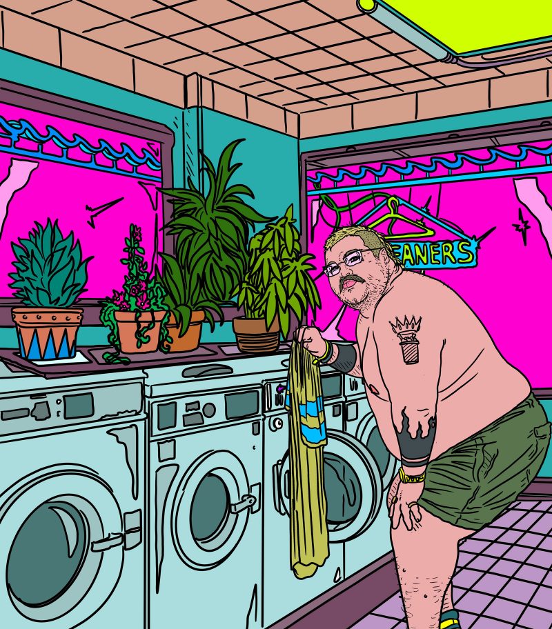Illustration of a fat white man wearing green shorts and no shirt, holding a green shirt with blue stripes up and bent over to load the shirt into a laundry machine; they have flame tattoos on their forearms and another tattoo on their bicep, wear eye glasses, and have a yellow mo-hawk/ mullet. They look towards the viewer inside of a landrymat with pink windows and plants on top of the machines.