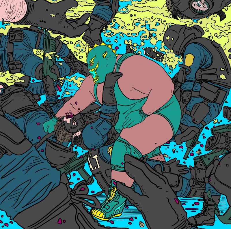 Comic book illustration of a fat man with brown skin wearing a green wrestling outfit, green and yellow wrestling books, and a green and yellow wrestling mask, in the center of an army of S.W.A.T officers, fighting them off as they spray pepper spray all around him.