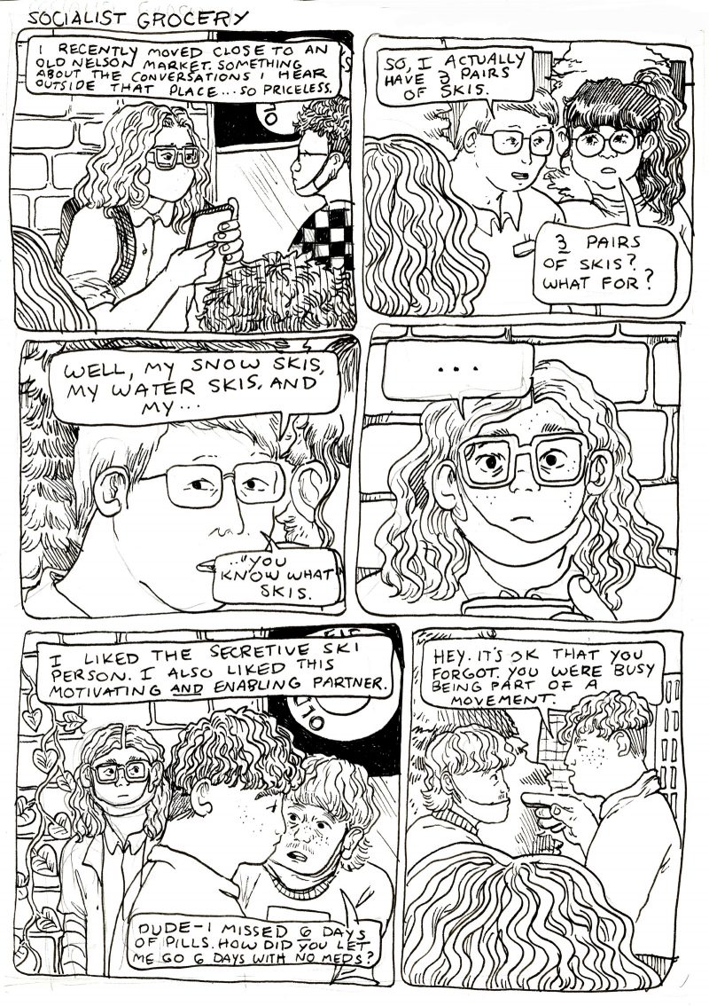 6 panel black and white comic from the series "Socialist Grocery," in which Sebastian goes to their local Old Nelson Market and overhears some very strange conversations.