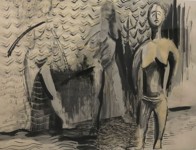 A monochrome abstract painting depicting a nude figure and heavy patterns.