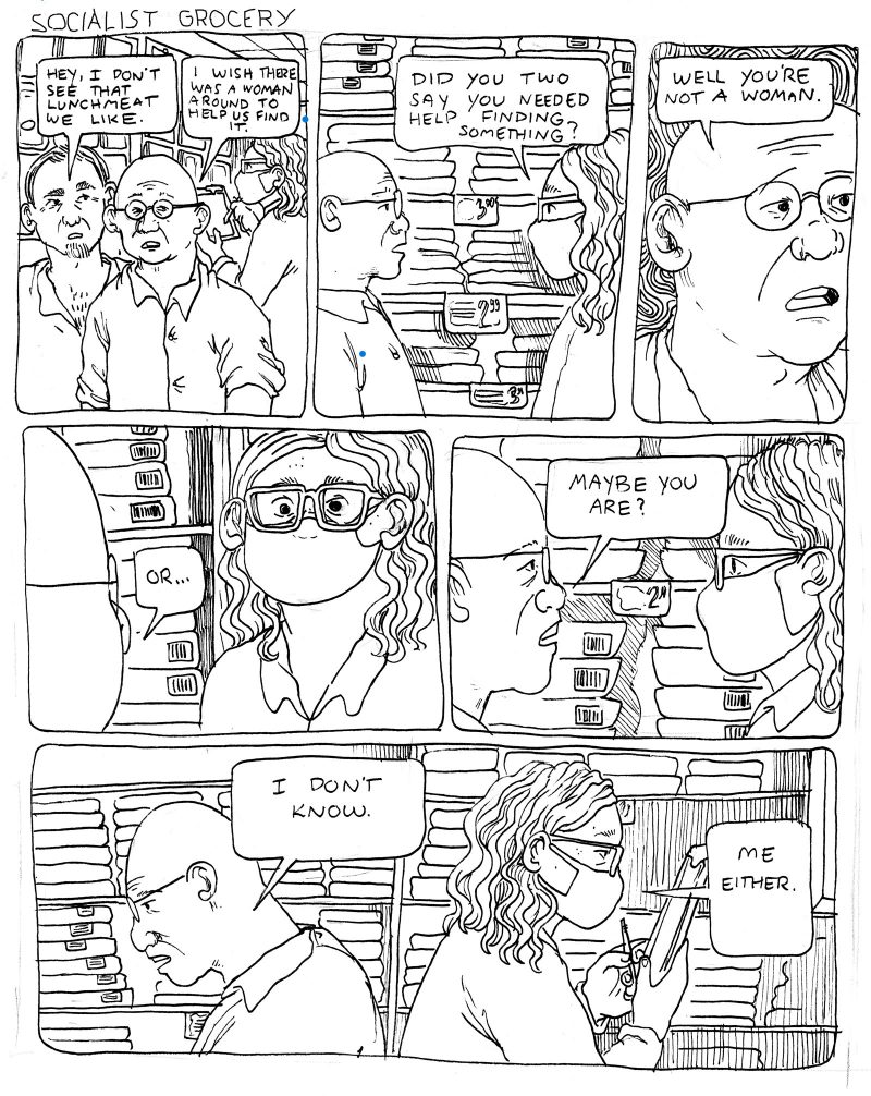 Six panel comic from the series "Socialist Grocery," in which Sebastian, while stocking inventory, encounters two men who are looking for lunch meat-- and specifically, a woman to help them find it. When Sebastian asks them if they need help, they're confused as to whether or not Sebastian is a woman. They decide they're not sure, to which, Sebastian agrees- he's not either.