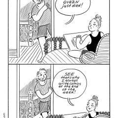 A black and white comic in two panels with the title 3:00, meaning three o’clock, at the top shows a man and woman in their house talking about the queen dying.