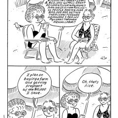 A black and white comic in 3 panels with the title, 3:00, at the top, meaning three o’clock, shows two women at the beach sitting in chairs in their swim suits and talking about student loan forgiveness enacted by President Biden.