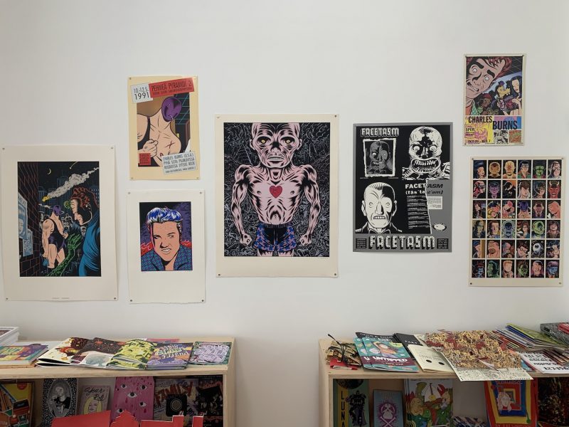 A photo shows a gallery wall with images of comic book heroes above it and below are comic books and zines on two shelves.