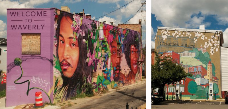 A photo montage shows two buildings with murals. The left building has a lush mural with tropical flowers and the portraits of two men and a woman. The mural announces “Welcome to Waverly” The right photo shows a painted mural of many buildings and trees on a hill, with two EV charging stations in the parking lot facing the mural. The mural announces, “Charles Village”.