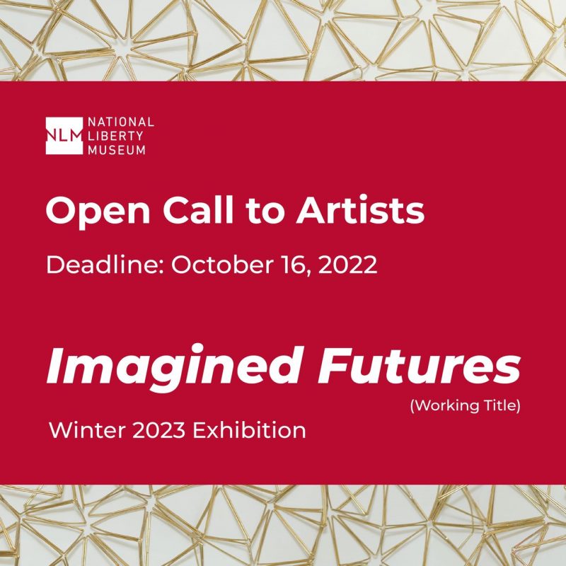 A poster image with white letters on red field with gold stars in the background invites artists to apply to be in a show at the National Liberty Museum.
