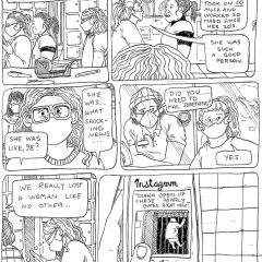 A large 6-panel black and white comic from the series "Socialist Grocery," in which Sebastian recalls the moment they learned of Queen Elizabeth's death at the Post Office.