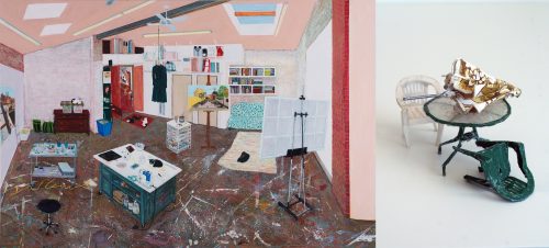 On the left, a painting of an artist's studio interior is realistic, brightly painted, and full of detail. On the right, a found object sculpture creates a miniature scene of worn down patio furniture.