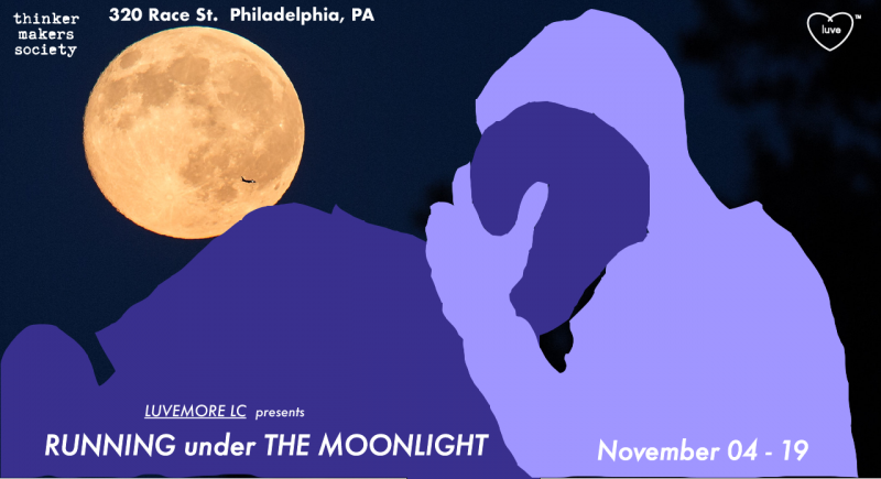 In a poster for an event called Running under the Moonlight, a purple silhouette is embraced by a periwinkle silhouette underneath a realistic full moon.
