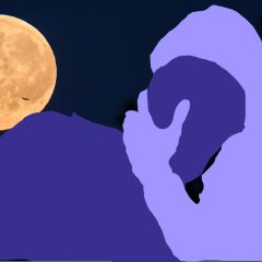 Underneath a realistic full moon, a purple silhouette is embraced by a periwinkle silhouette.