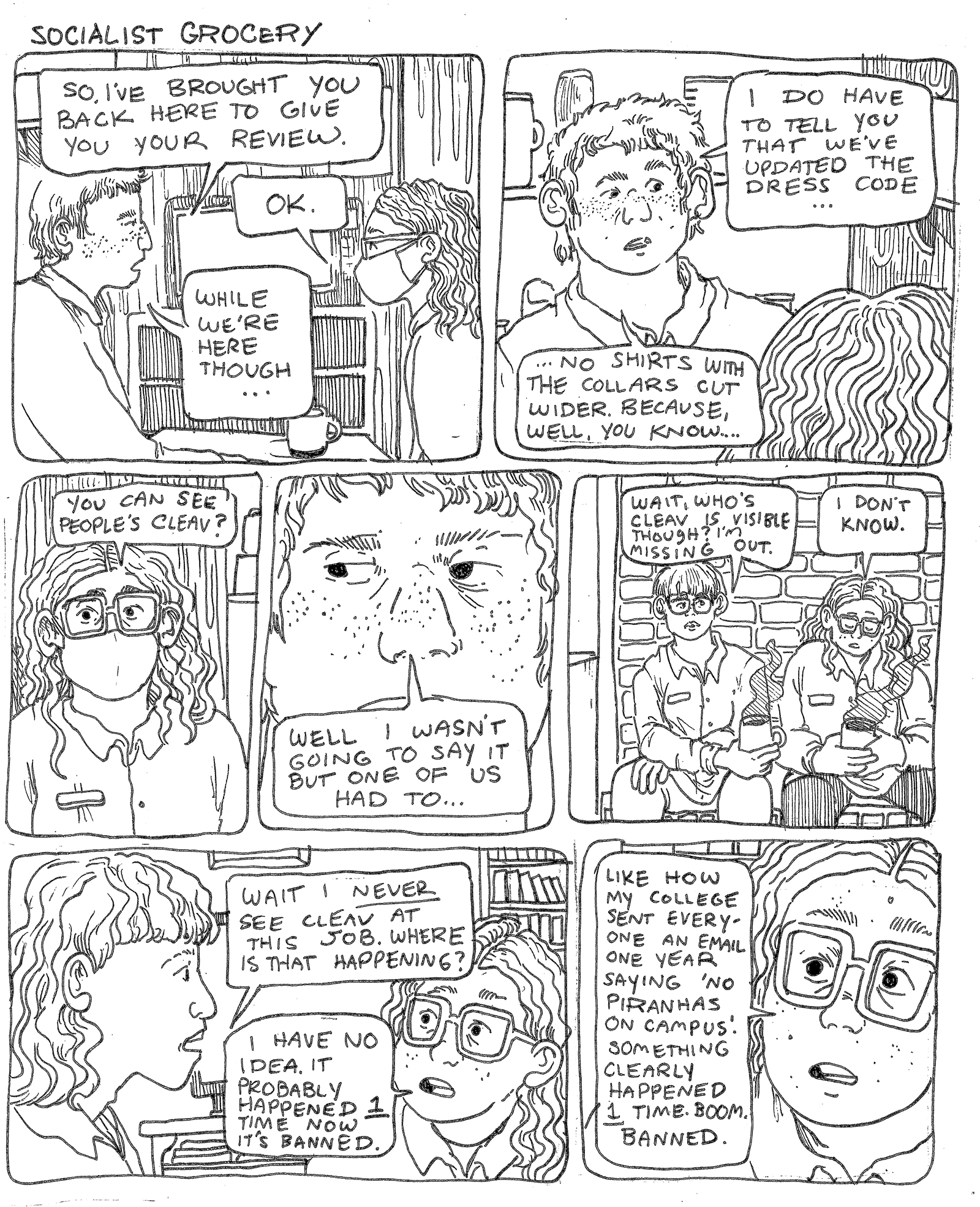 A large 7-panel black and white comic from the series "Socialist Grocery," in which Sebastian learns about a new dress code policy at their employee review and discusses it with their coworkers.