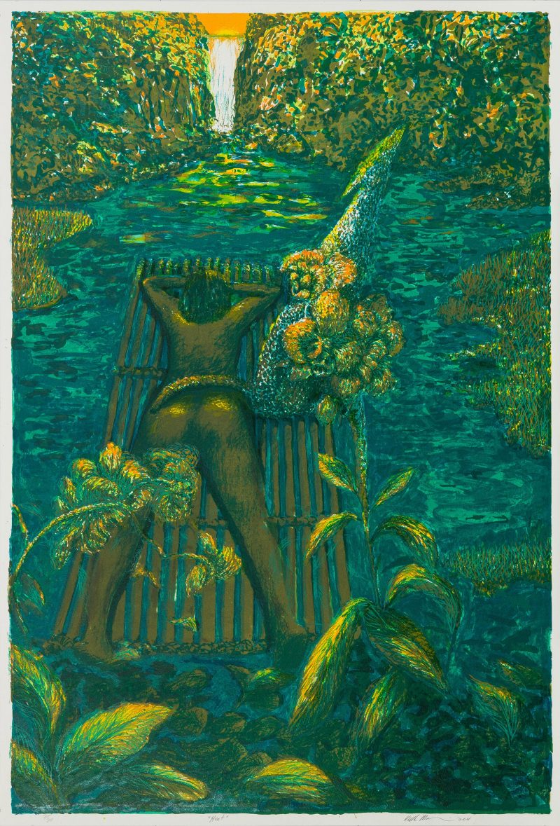 A lithograph by Keith Morrison showing a nude person in a lush landscape laying on a raft in the water.