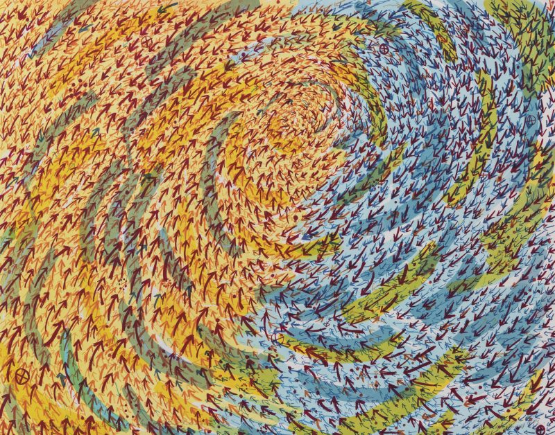 This lithograph by Howardena Pindell uses directional arrows to represent the destructive path of Hurricane Katrina.