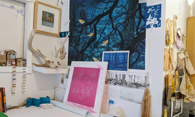Studio shot from Cindy Stockton Moore showing an abandoned painting in context surrounded by studio other experiments.