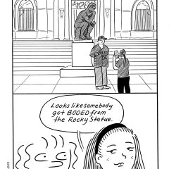 A two-panel, black-and-white comic titled 3:00, meaning three o’clock, shows a woman taking a picture of a man posing in front of the statue of Rodin’s “Thinker” while wearing an Astros t-shirt and baseball cap and two women Phillies fans passing by make a comment about the man getting Boo’d from in front of the Rocky statue nearby.