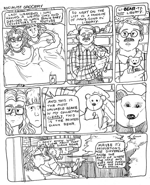 In a large 7-panel comic from the Socialist Grocery Series by Oli Knowles, Sebastian dives into the strange world of Beanie Baby collectors.